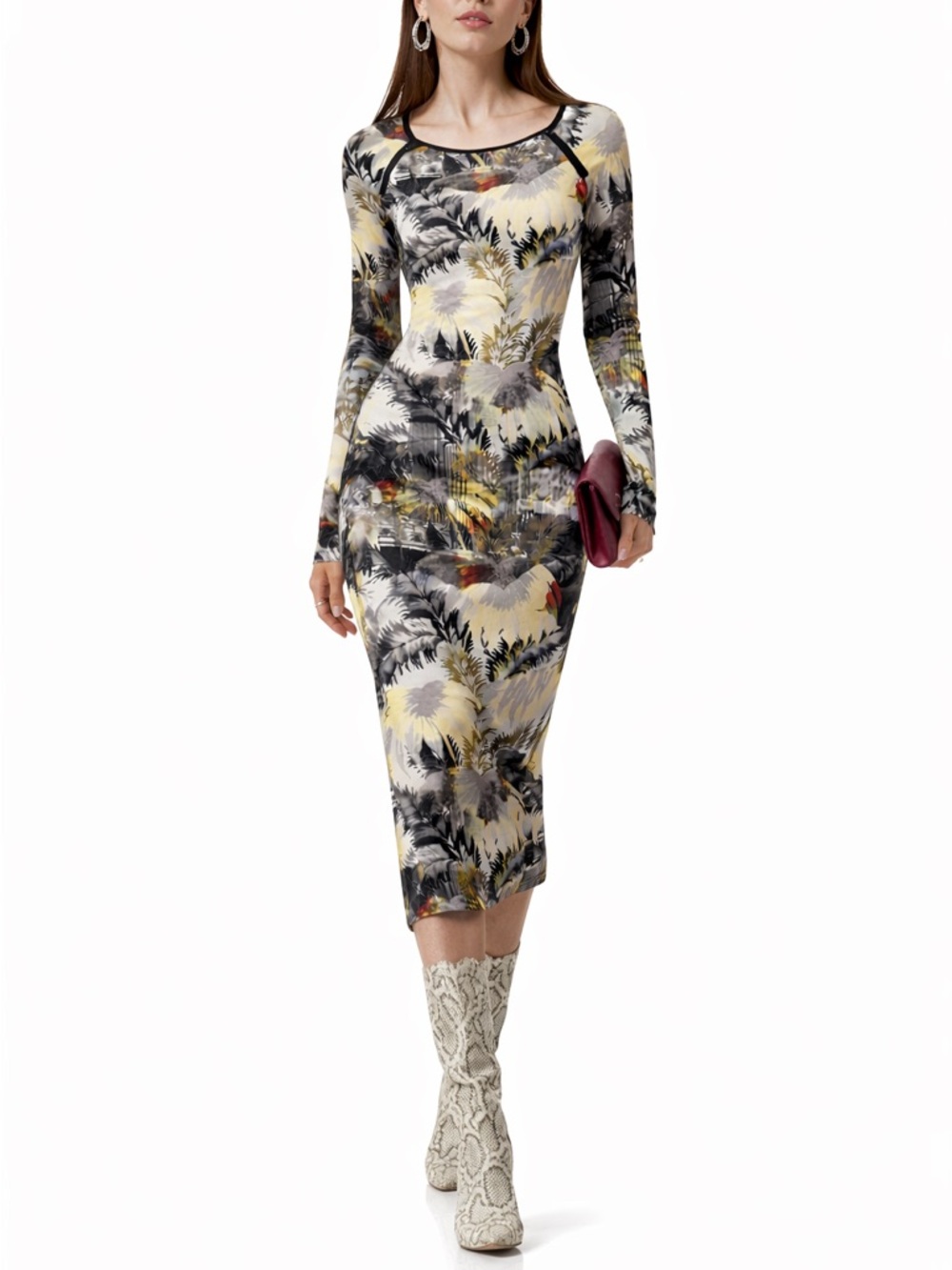 Topshop Tropical Palm Print Long Sleeve Midi Dress Women’s 6 Bodycon Resortwear